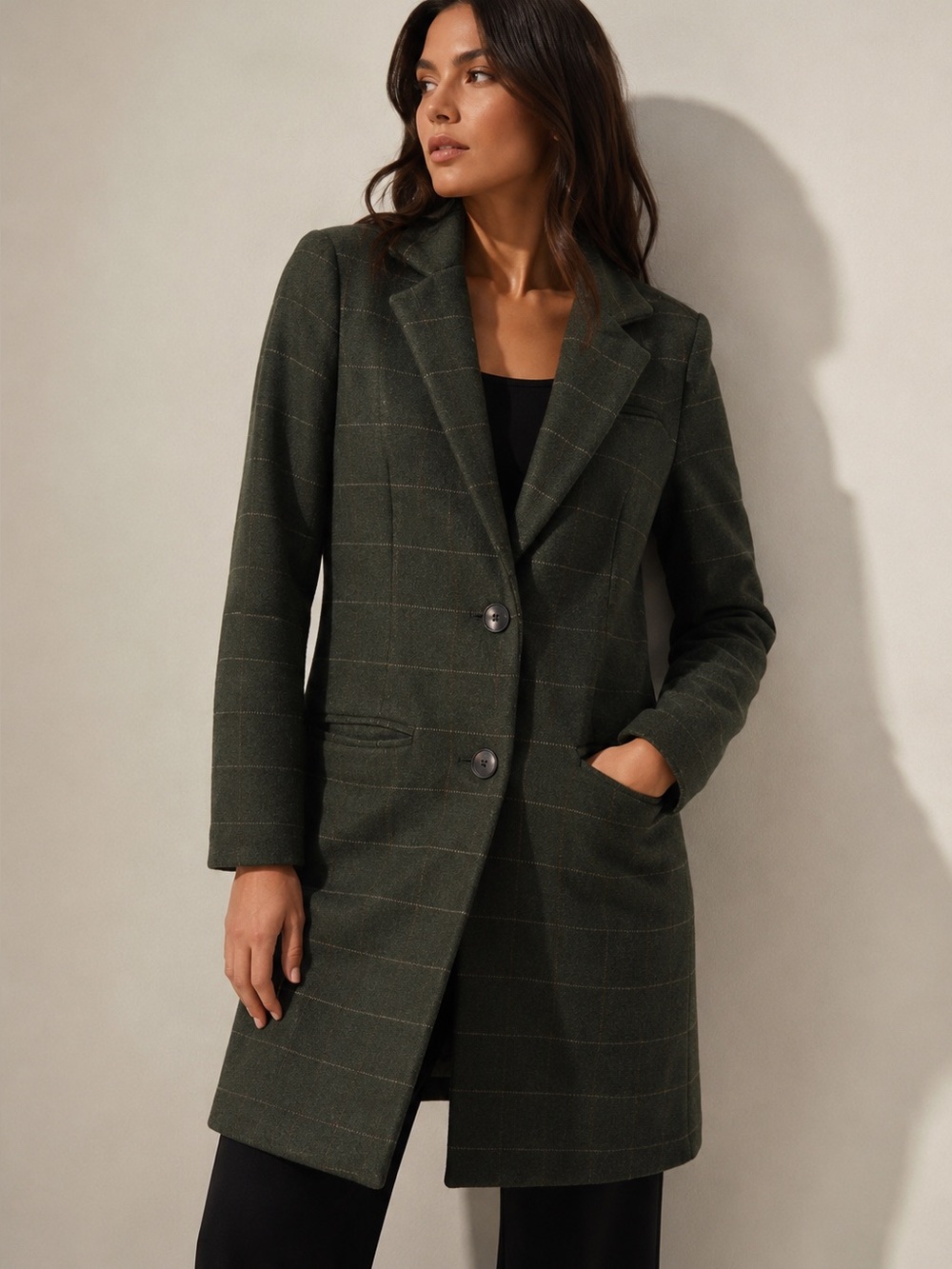 Women's Dark Green Windowpane Wool Blend Coat